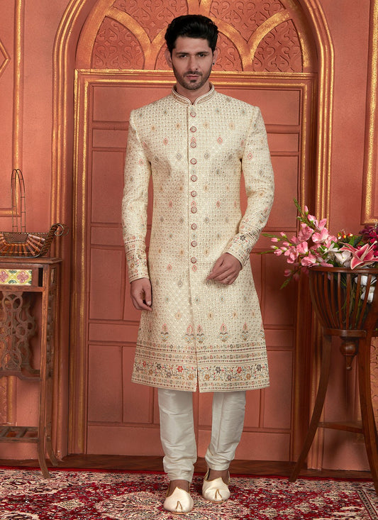 Embroidered Art Silk Cream Sherwani - M8277