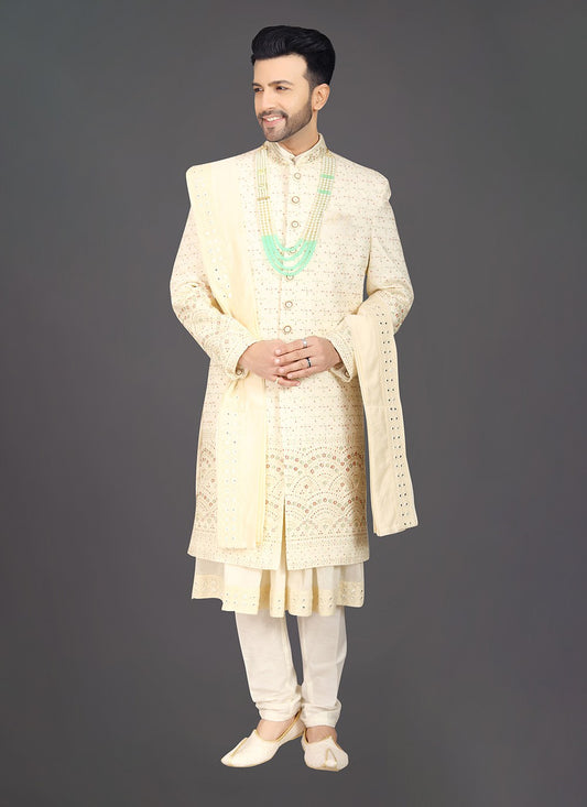 Embroidered Silk Cream Sherwani - M7961