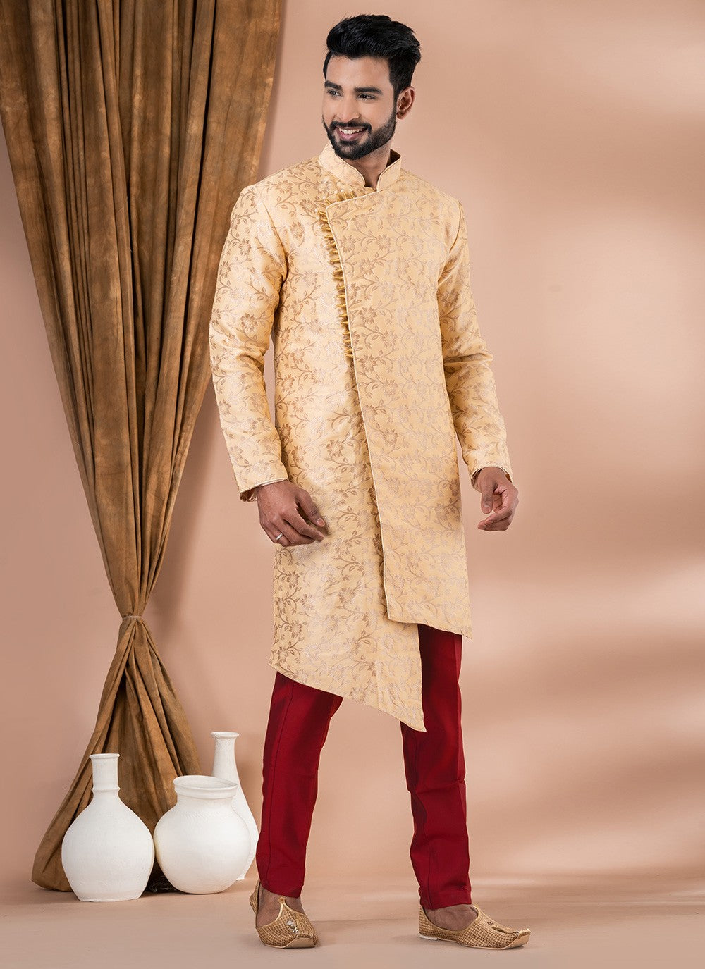 Embroidered Jacquard Silk Cream Indo Western - M7048