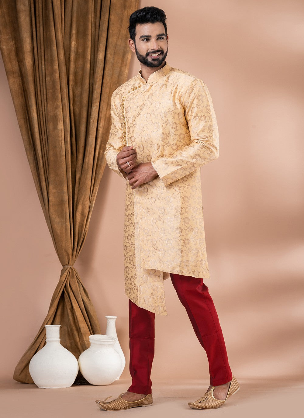 Embroidered Jacquard Silk Cream Indo Western - M7048