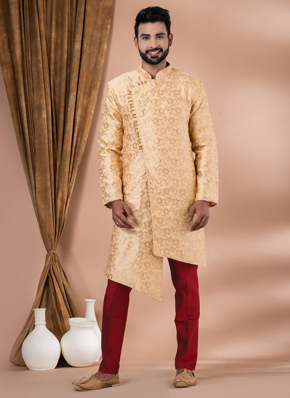 Embroidered Jacquard Silk Cream Indo Western - M7048
