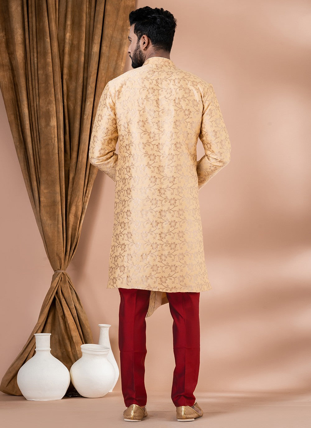 Embroidered Jacquard Silk Cream Indo Western - M7048