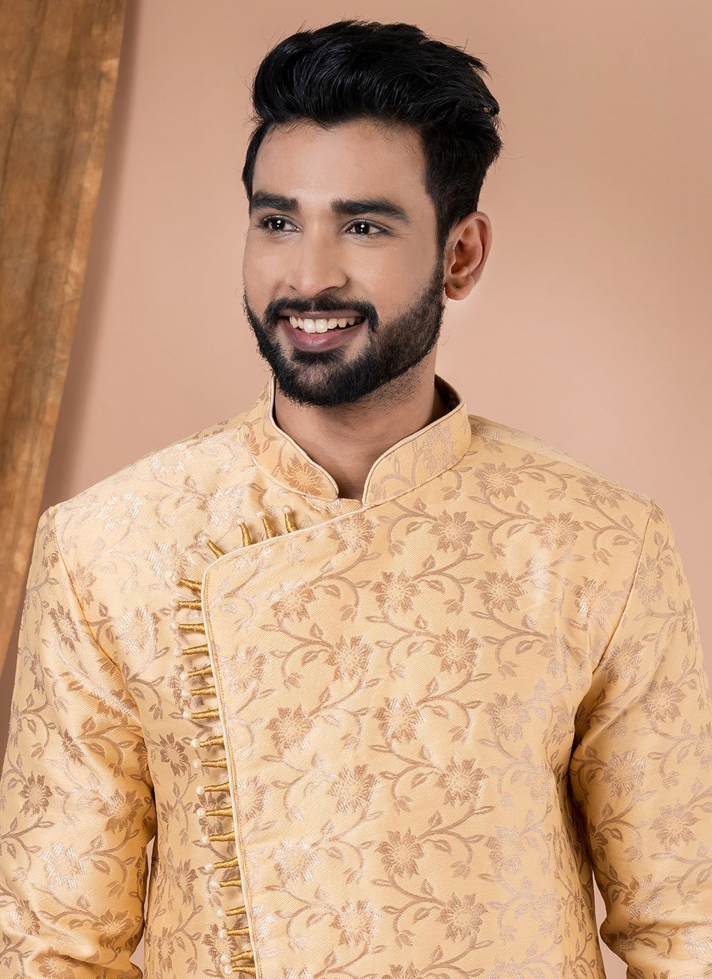 Embroidered Jacquard Silk Cream Indo Western - M7048