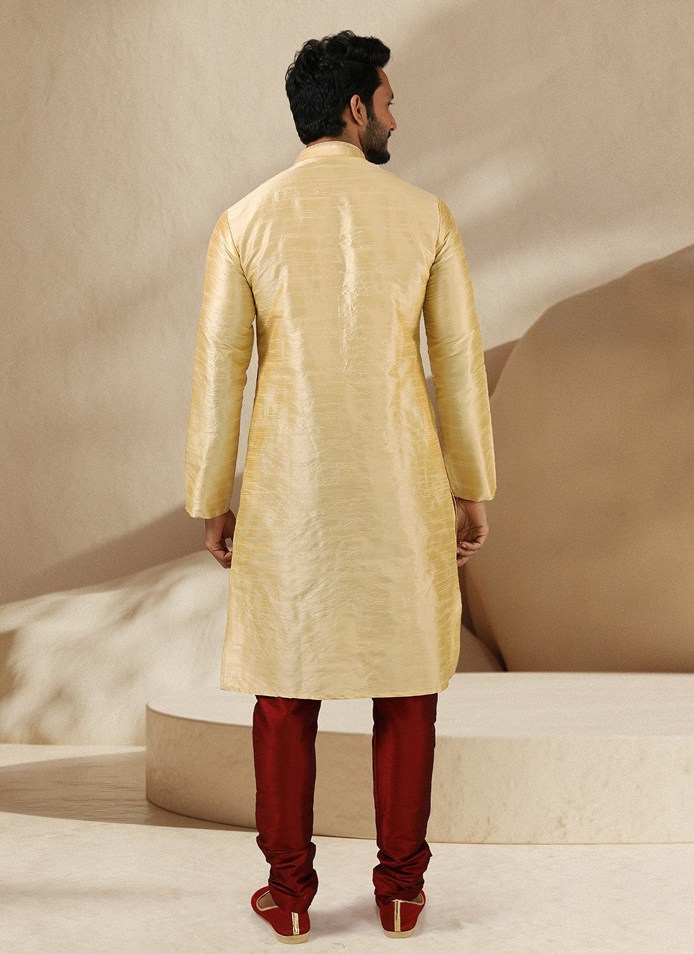 Embroidered Banarasi Silk Cream Kurta Pyjama - M3237