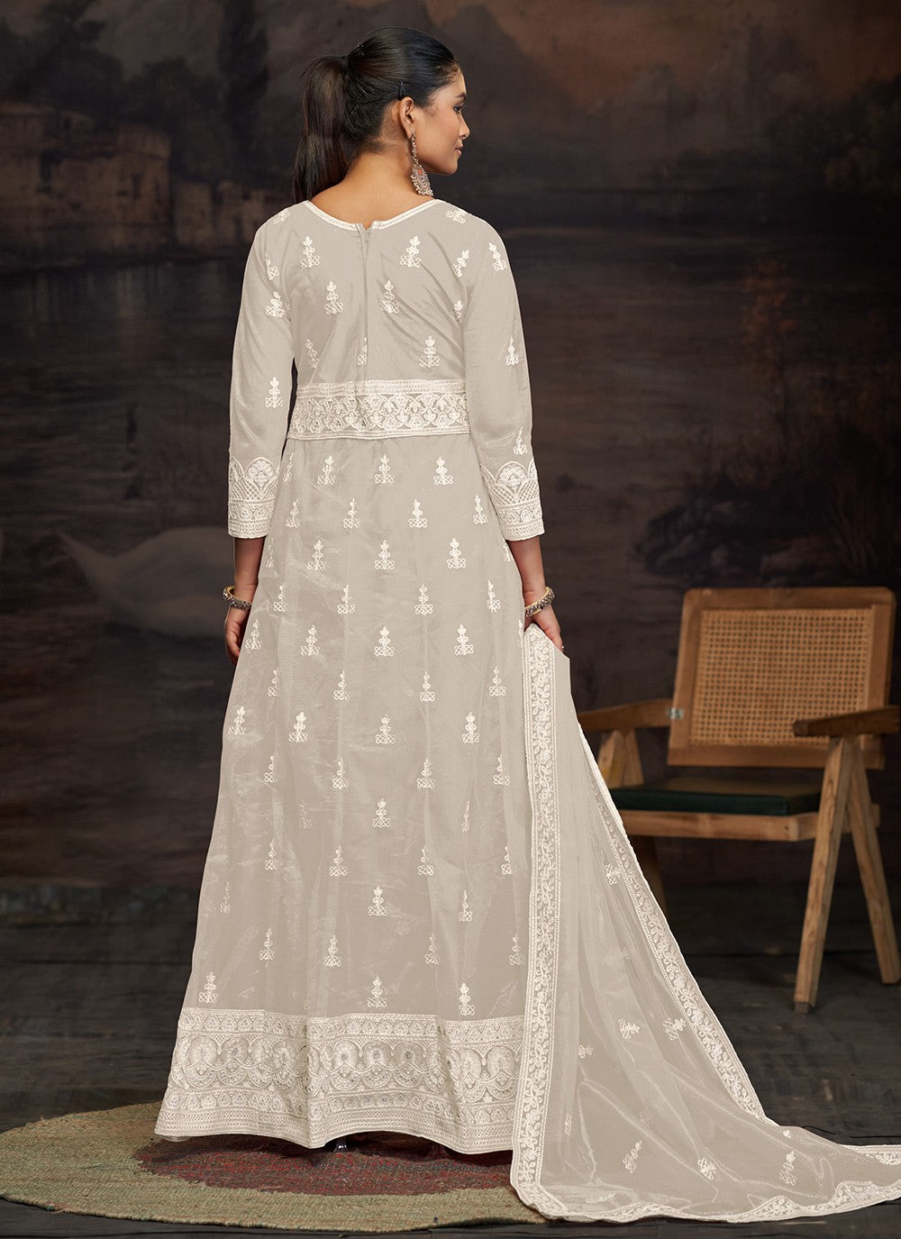Anarkali Embroidered Cream T7012