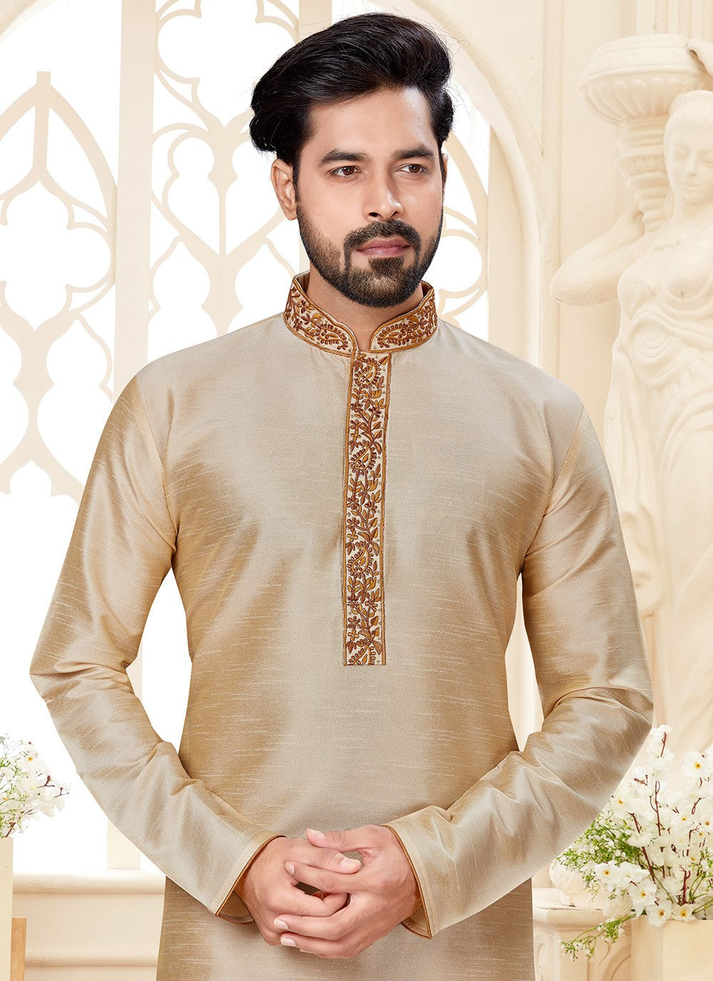 Embroidered Dupion Silk Cream Kurta - M5586