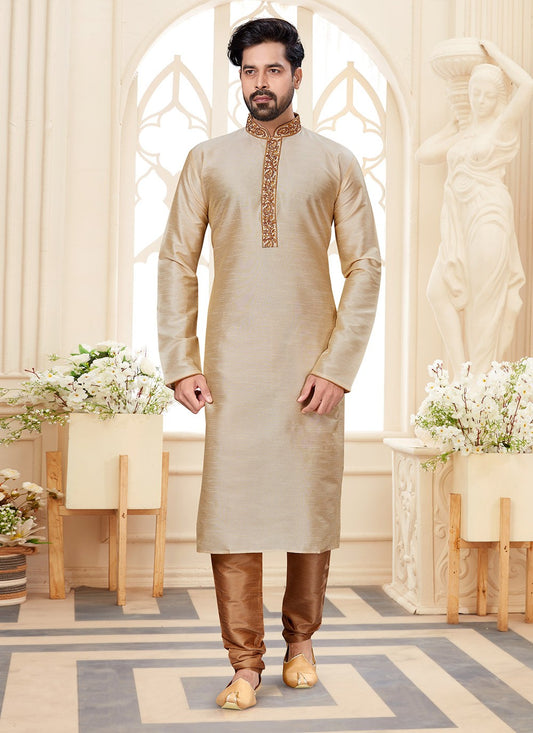 Embroidered Dupion Silk Cream Kurta - M5586