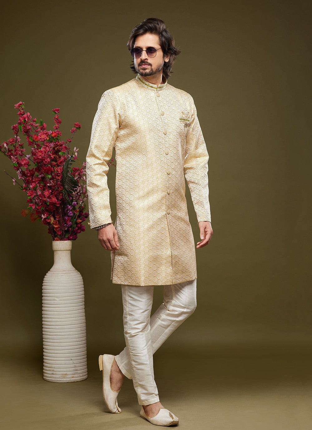Embroidered Banarasi Jacquard Cream Indo Western - M5823