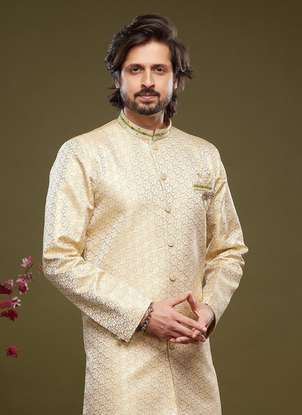 Embroidered Banarasi Jacquard Cream Indo Western - M5823
