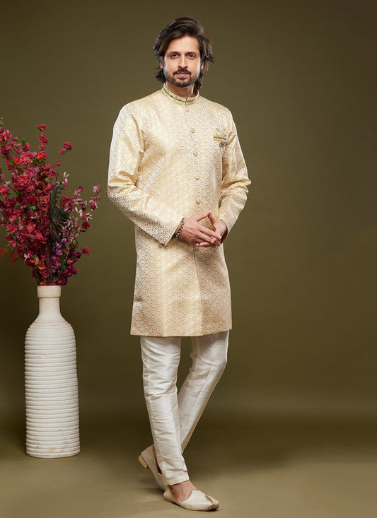 Embroidered Banarasi Jacquard Cream Indo Western - M5823