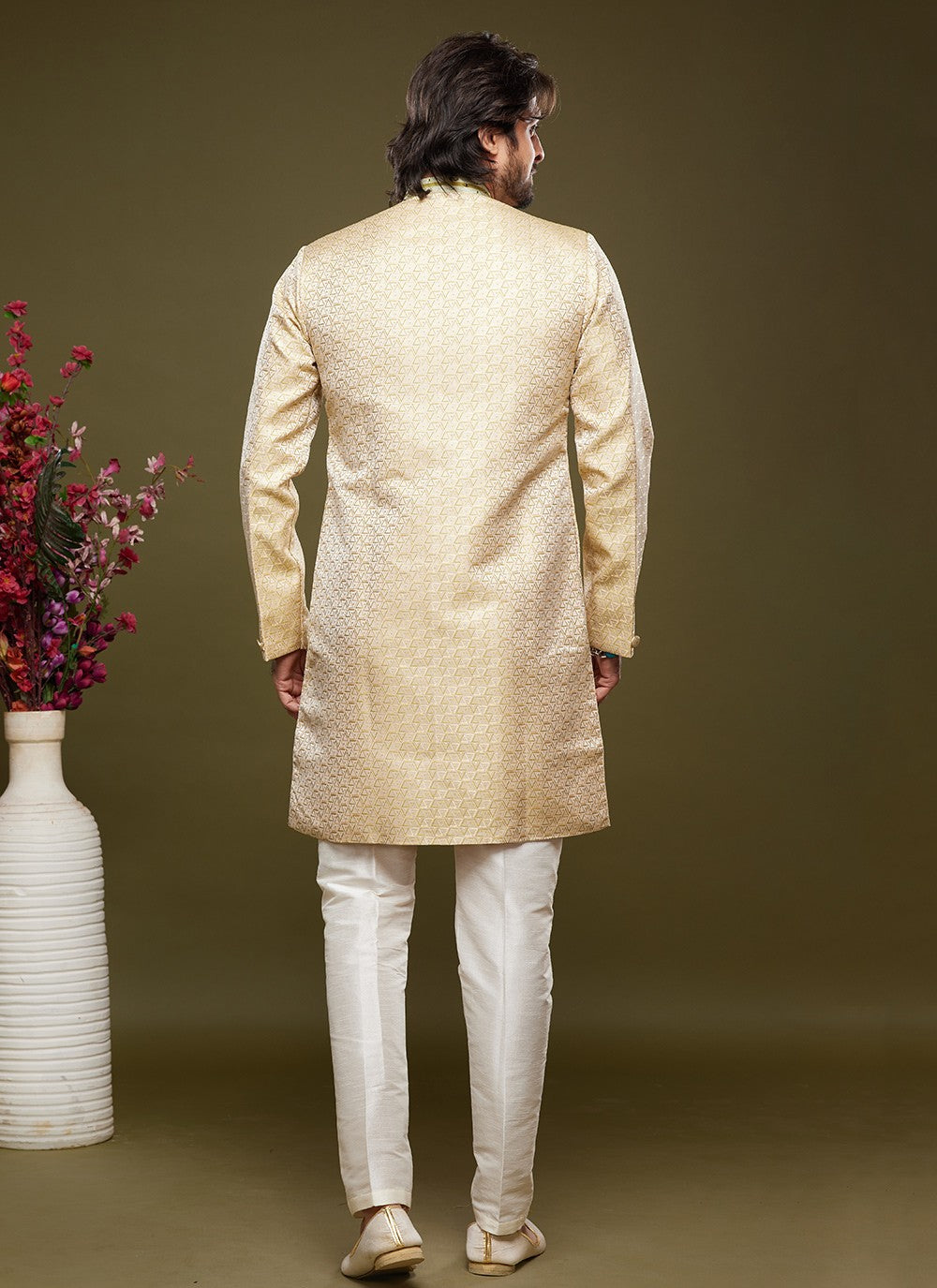 Embroidered Banarasi Jacquard Cream Indo Western - M5823