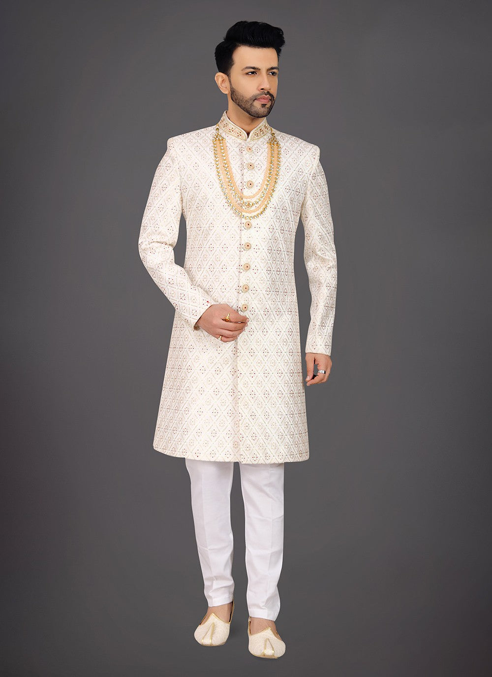 Embroidered Silk Cream Sherwani - M7970