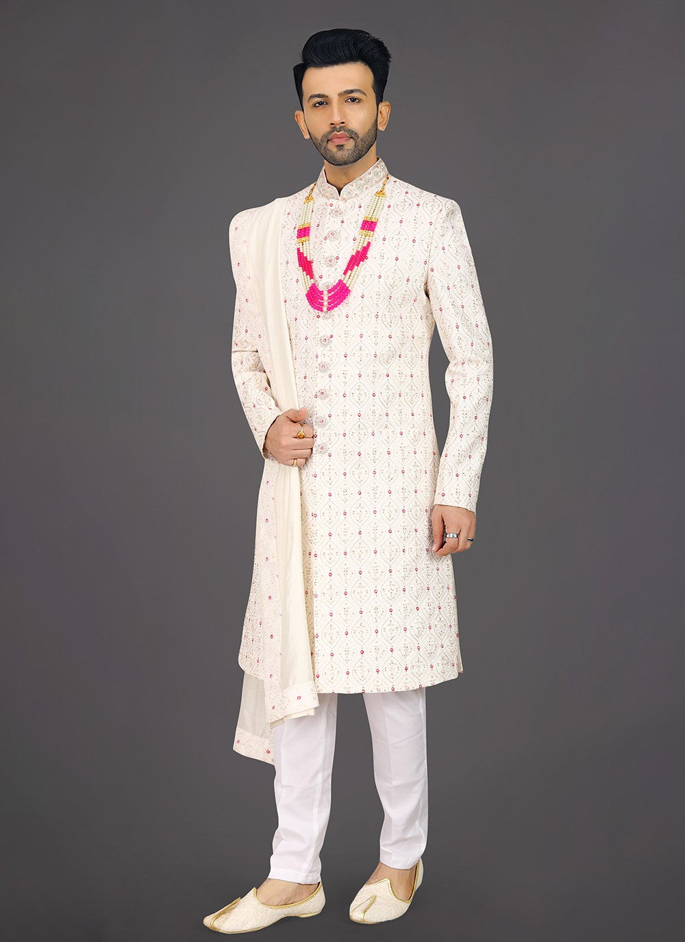 Embroidered Silk Cream Sherwani - M7995