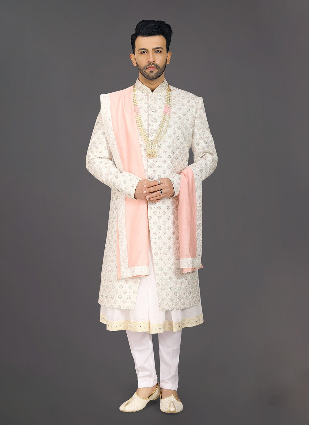 Embroidered Silk Cream Sherwani - M8010