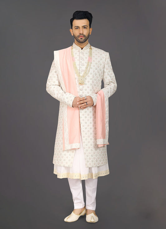 Embroidered Silk Cream Sherwani - M8010