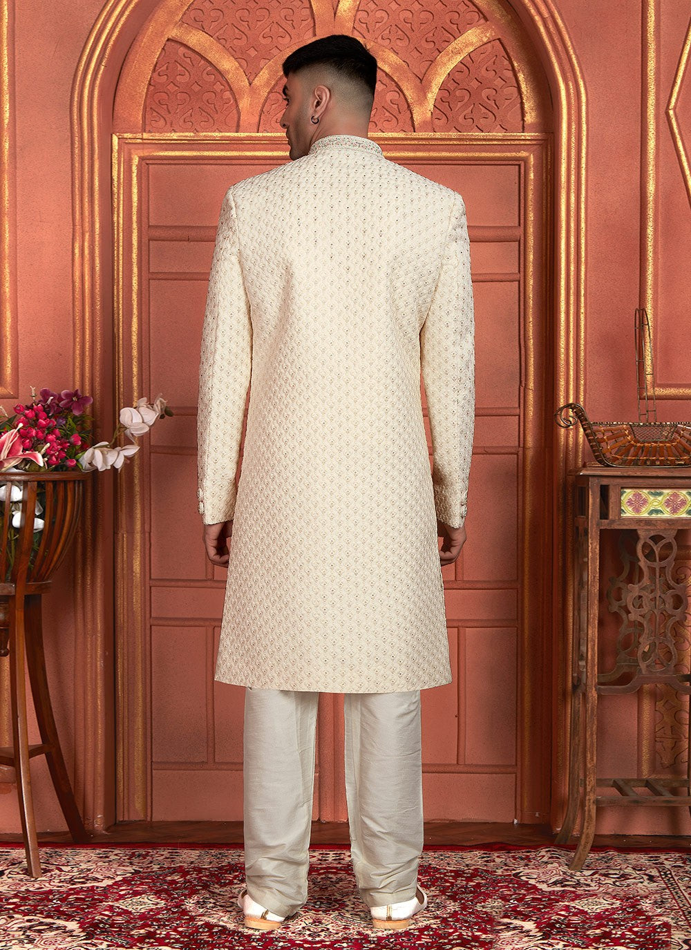 Embroidered Georgette Cream Sherwani - M8274