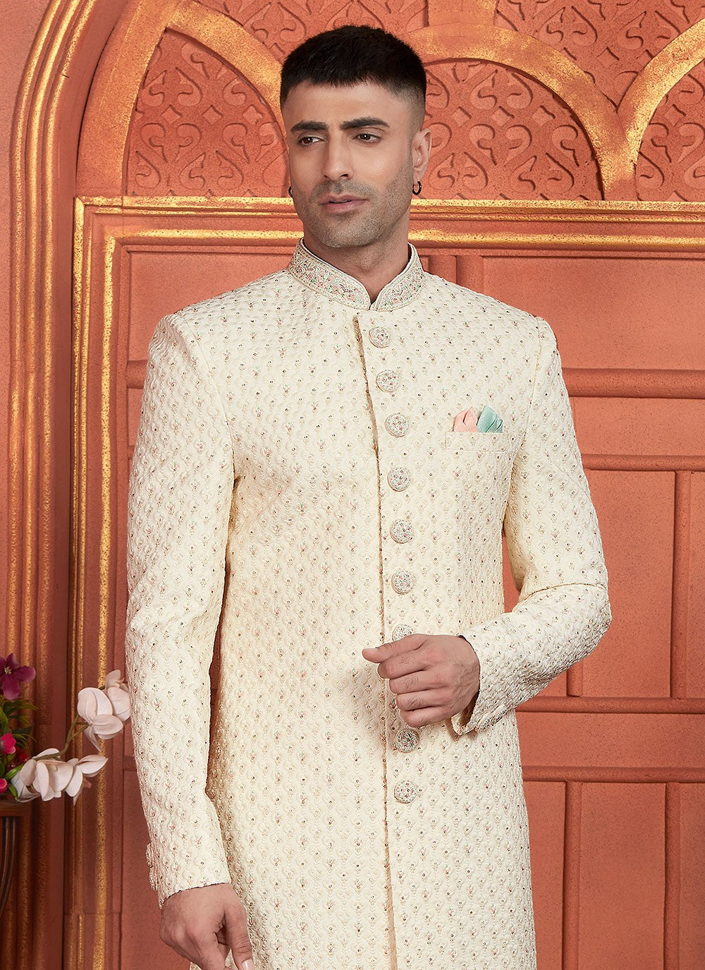 Embroidered Georgette Cream Sherwani - M8274