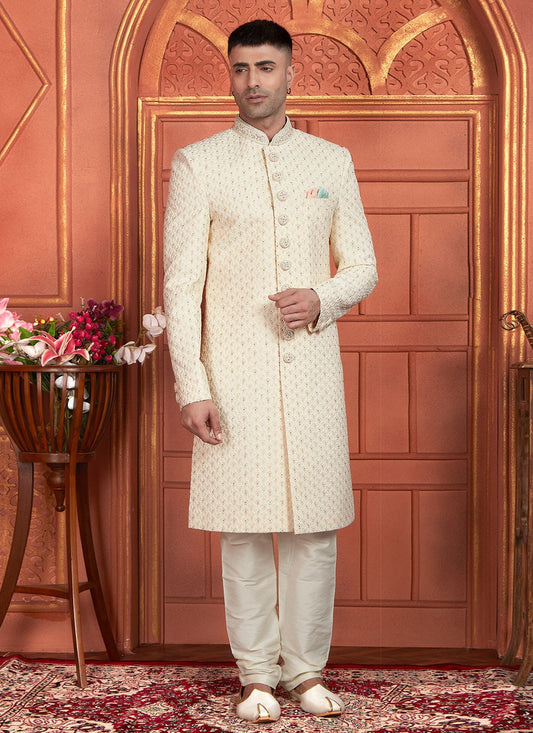 Embroidered Georgette Cream Sherwani - M8274
