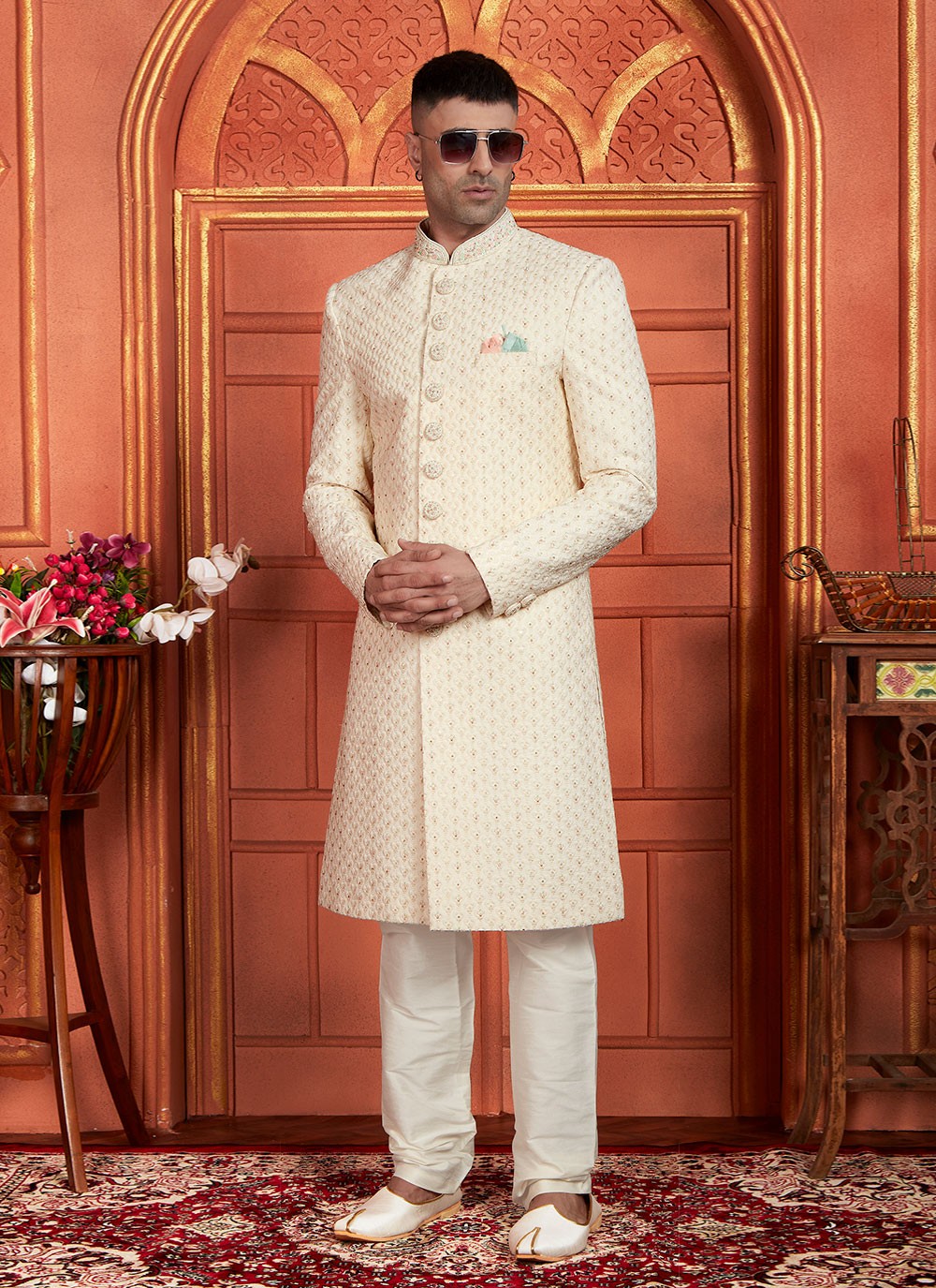 Embroidered Georgette Cream Sherwani - M8274