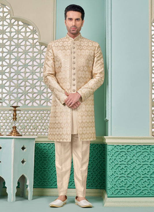 Embroidered Banarasi Silk Cream Indo Western - M7298