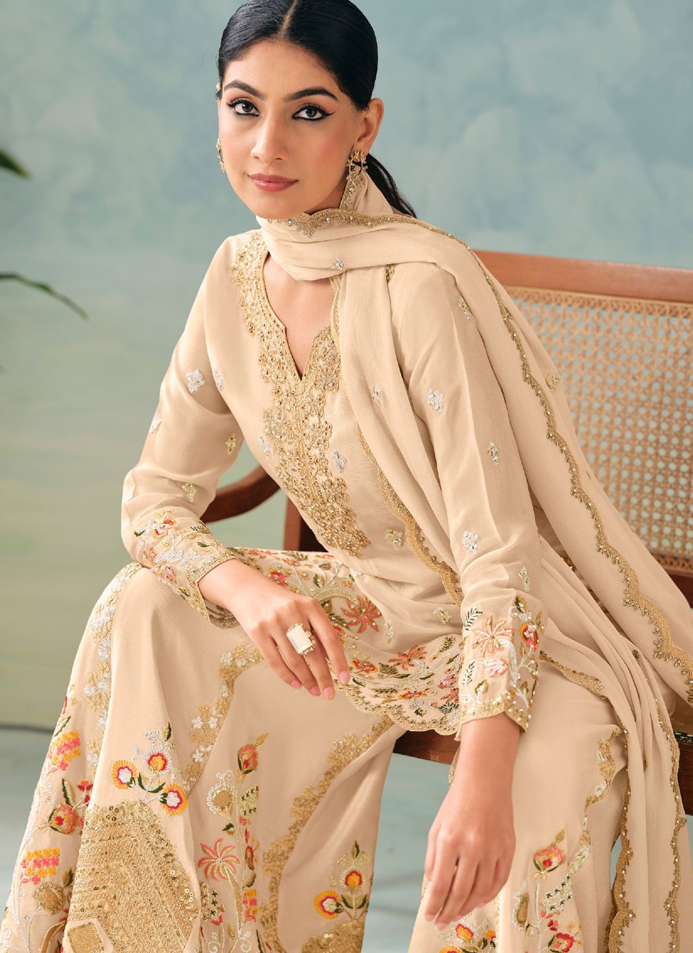 Palazzo Suit Embroidered, Moti, Zari Cream T7630