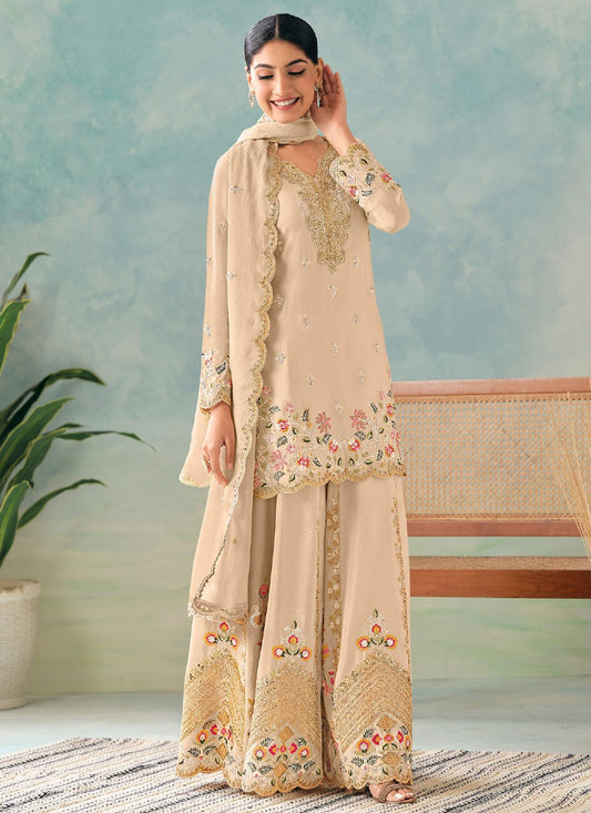 Palazzo Suit Embroidered, Moti, Zari Cream T7630