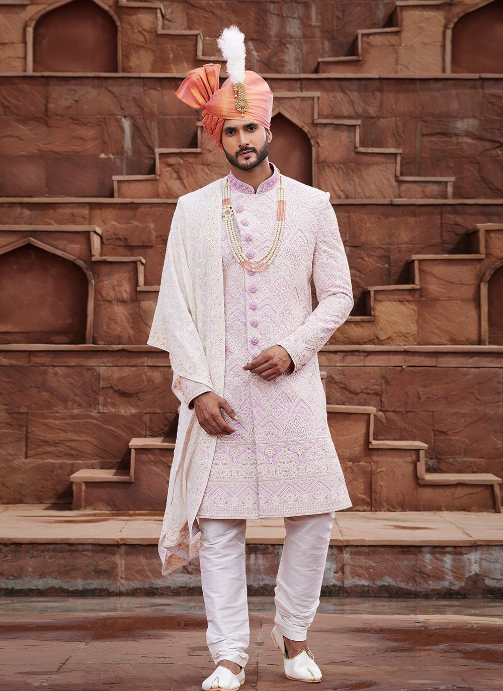 Embroidered Art Silk Cream Sherwani - M6510