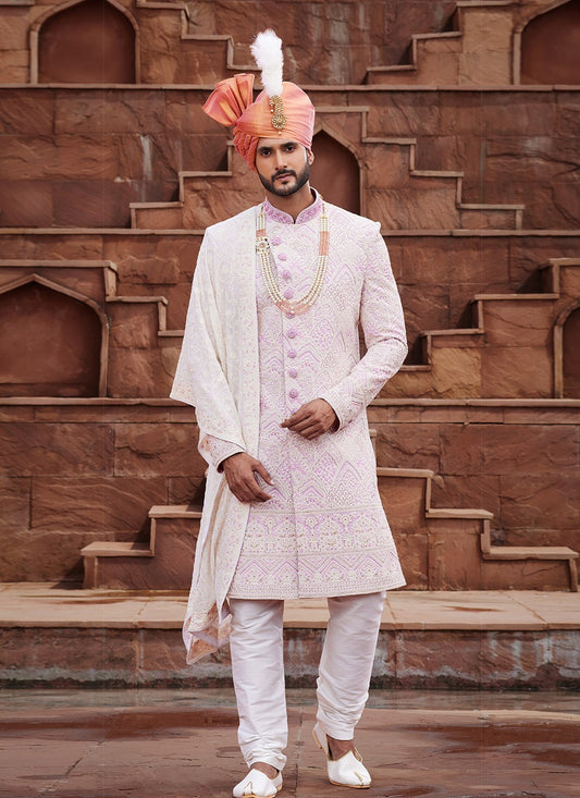 Embroidered Art Silk Cream Sherwani - M6510