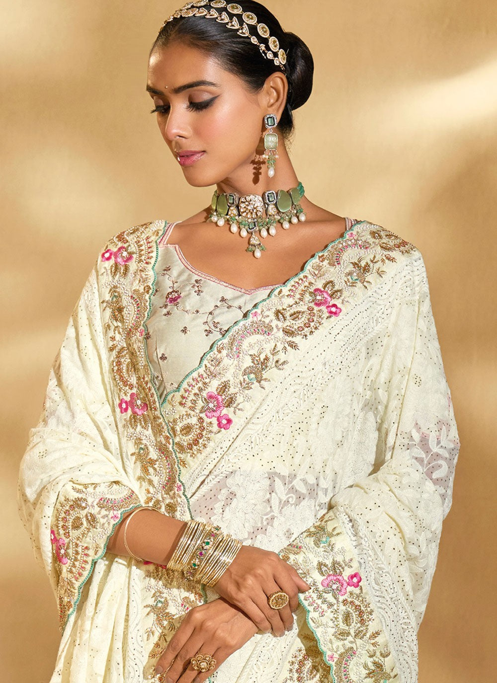 Cream Pure Georgette Traditional Saree Cutdana, Lucknowi Work, Mirror, Moti S20148