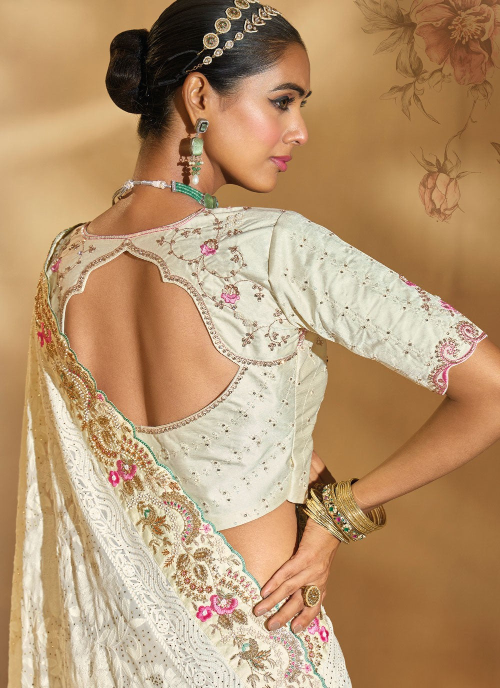 Cream Pure Georgette Traditional Saree Cutdana, Lucknowi Work, Mirror, Moti S20148