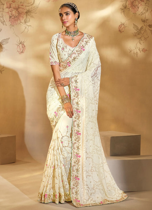 Cream Pure Georgette Traditional Saree Cutdana, Lucknowi Work, Mirror, Moti S20148