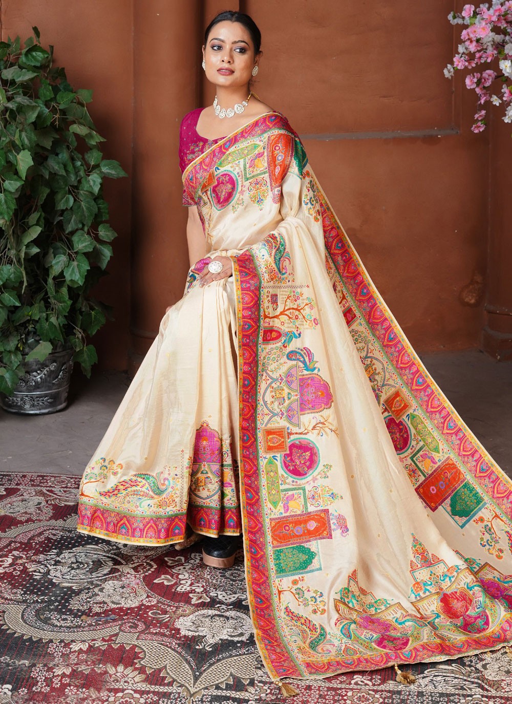 Classic Saree Fancy Work Cream Pure Dola Saree S13132