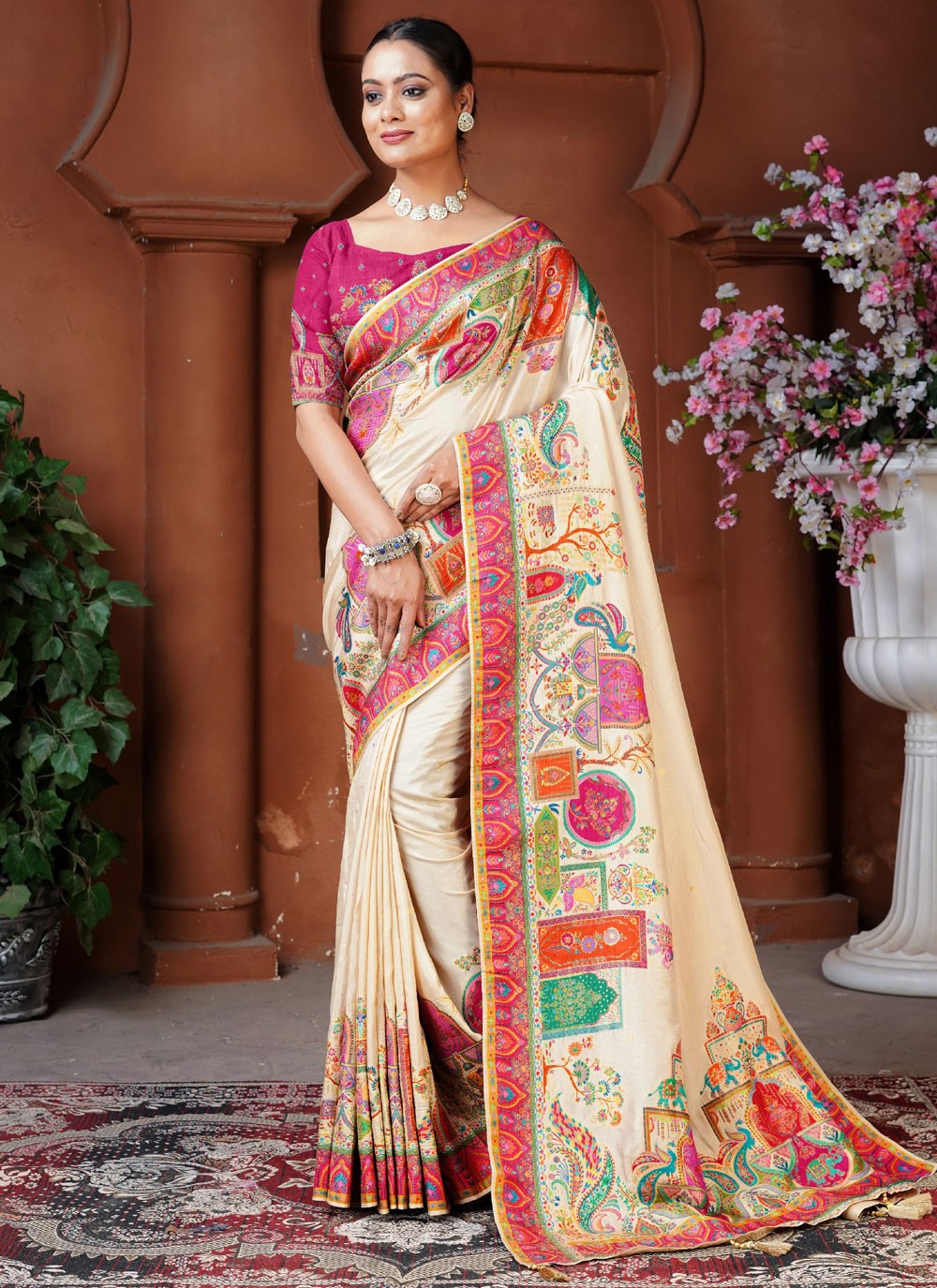 Classic Saree Fancy Work Cream Pure Dola Saree S13132