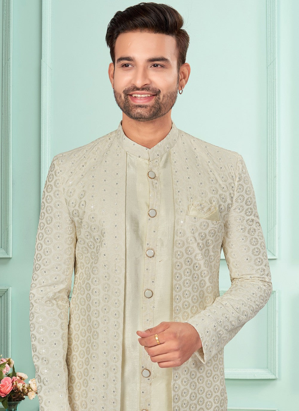 Embroidered Fancy Fabric Cream Indo Western - M7273