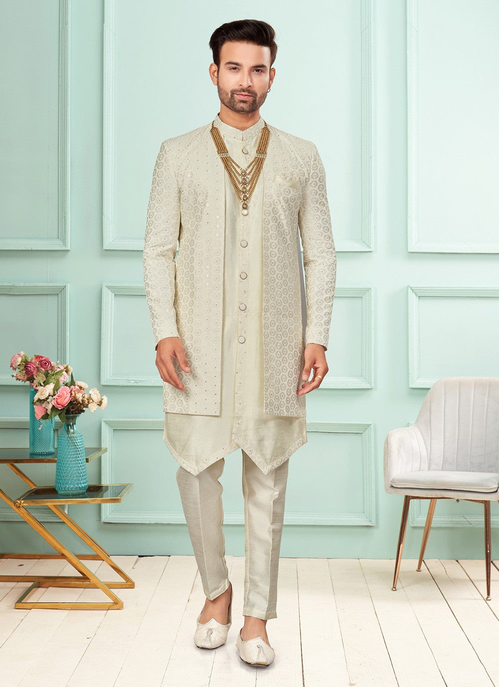 Embroidered Fancy Fabric Cream Indo Western - M7273