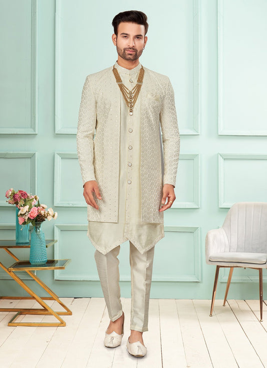 Embroidered Fancy Fabric Cream Indo Western - M7273