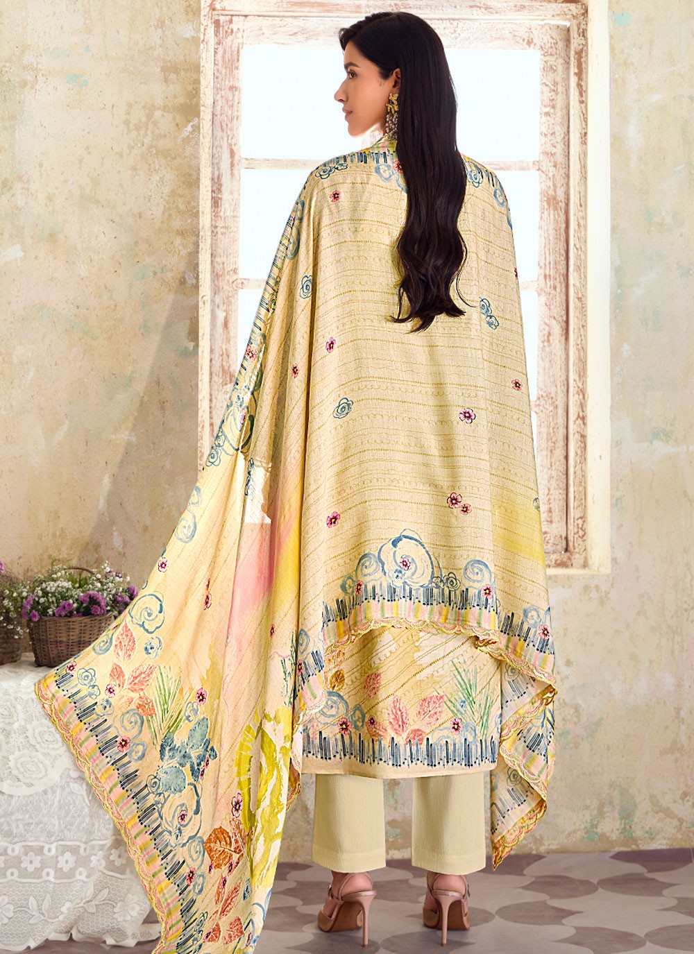 Digital Print Linen Cream Pant Style Suit T6304