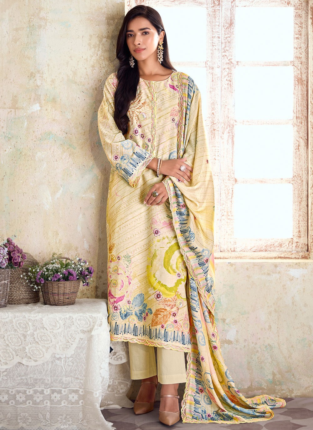 Digital Print Linen Cream Pant Style Suit T6304