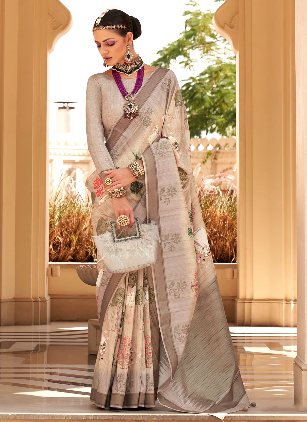 Classic Foliage Prints Raw Silk Saree - S7204