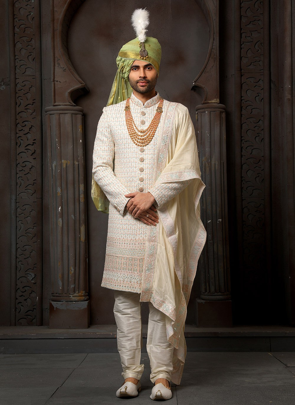 Machine Embroidery Georgette Cream Sherwani - M4116