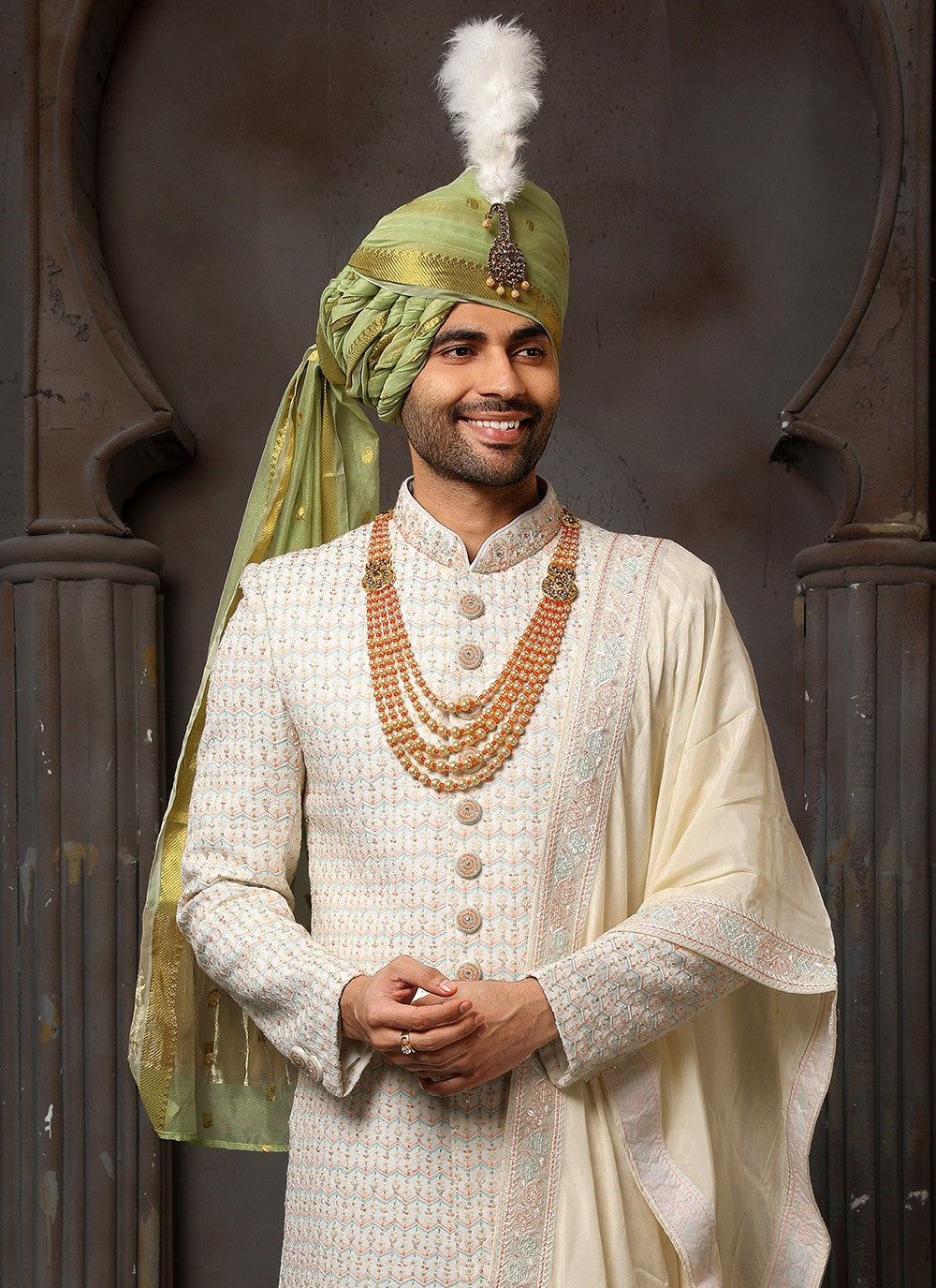 Machine Embroidery Georgette Cream Sherwani - M4116