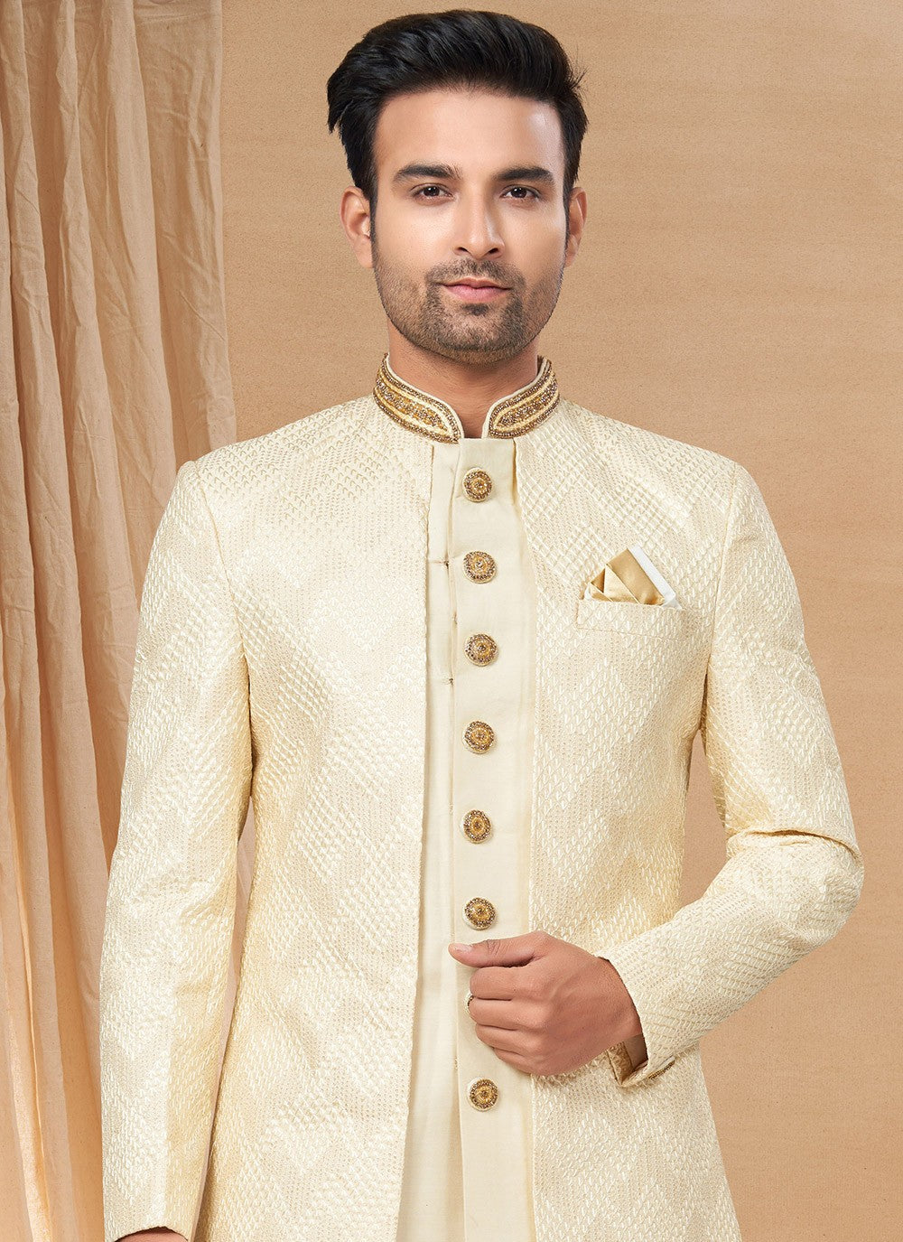 Hand Embroidery Art Silk, Fancy Fabric Cream Indo Western Sherwani - M6231