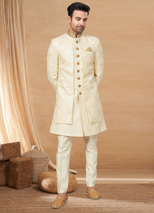 Hand Embroidery Art Silk, Fancy Fabric Cream Indo Western Sherwani - M6231