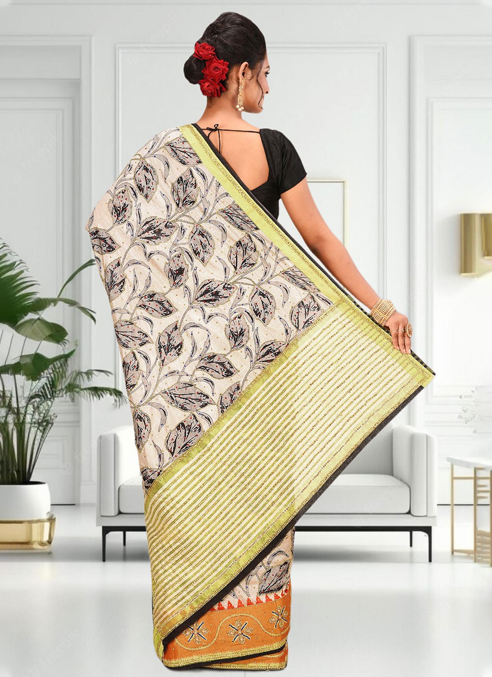 Classic Hand Embroidery Brasso Saree - S4738