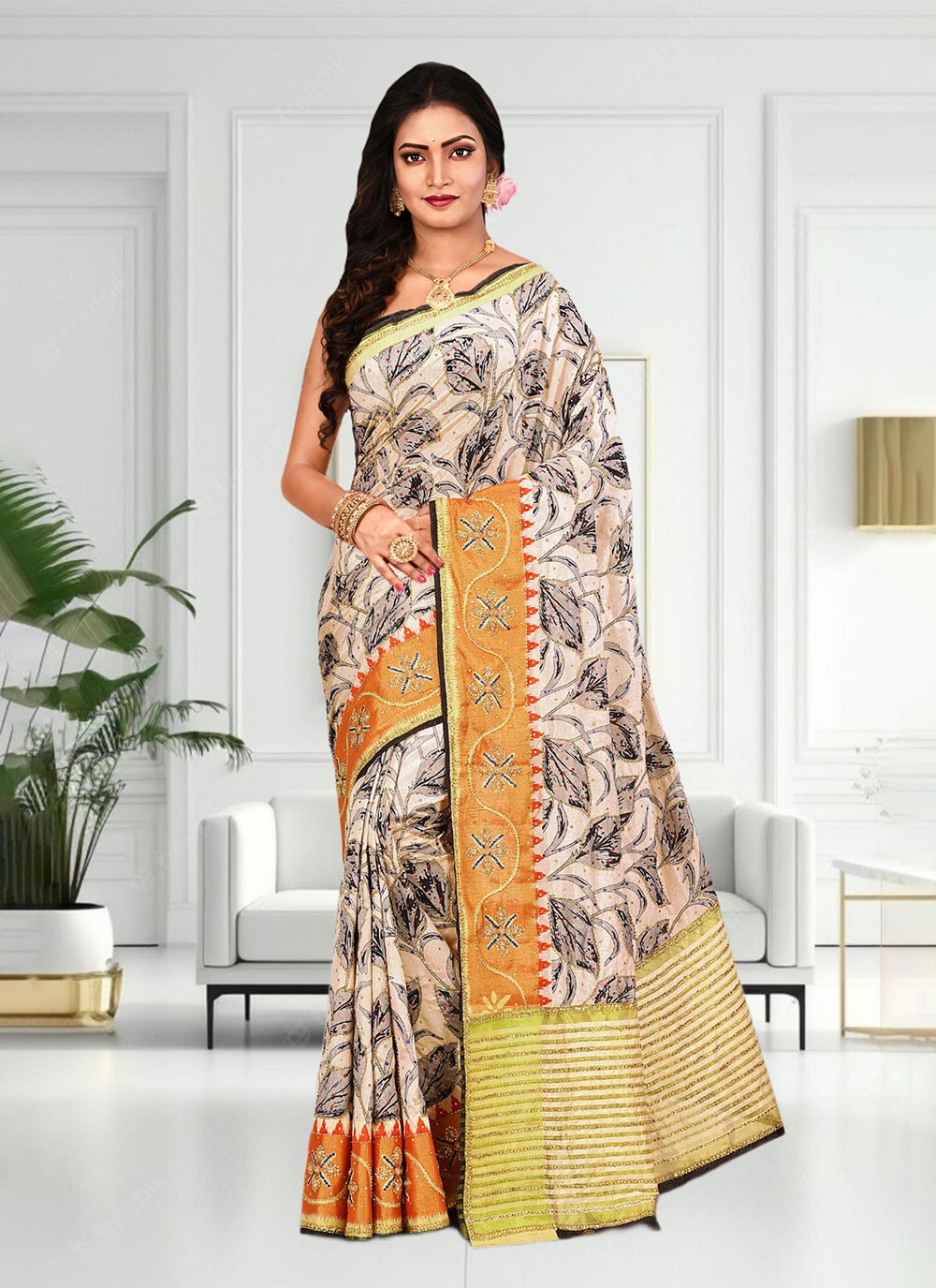 Classic Hand Embroidery Brasso Saree - S4738