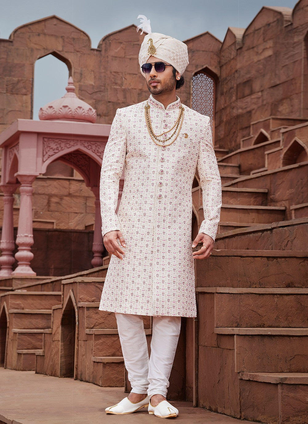 Embroidered Art Silk Cream Sherwani - M6519