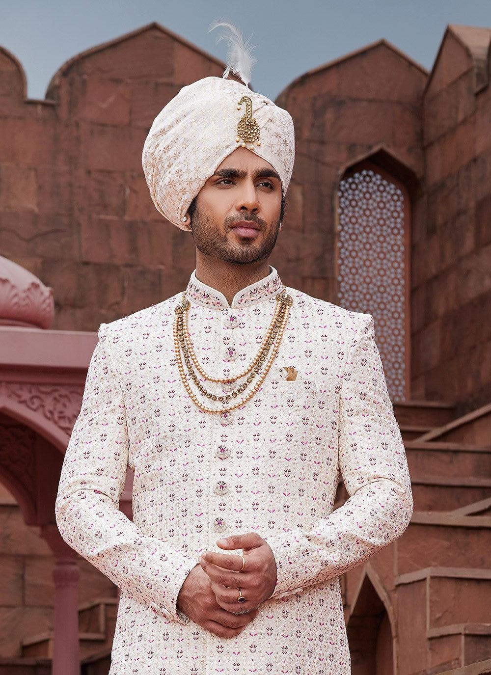 Embroidered Art Silk Cream Sherwani - M6519