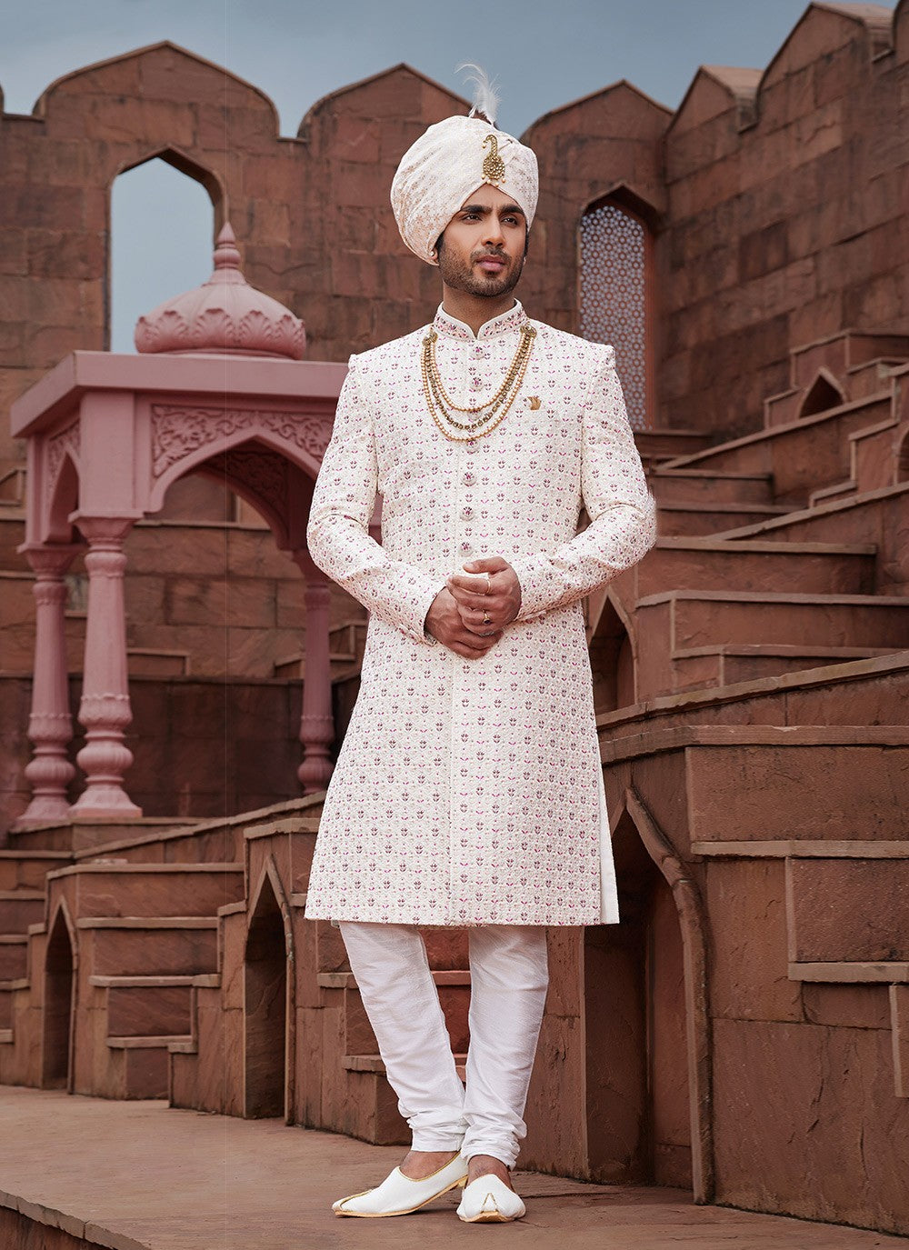 Embroidered Art Silk Cream Sherwani - M6519