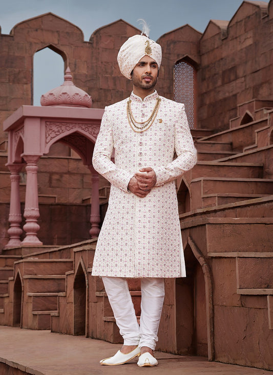 Embroidered Art Silk Cream Sherwani - M6519