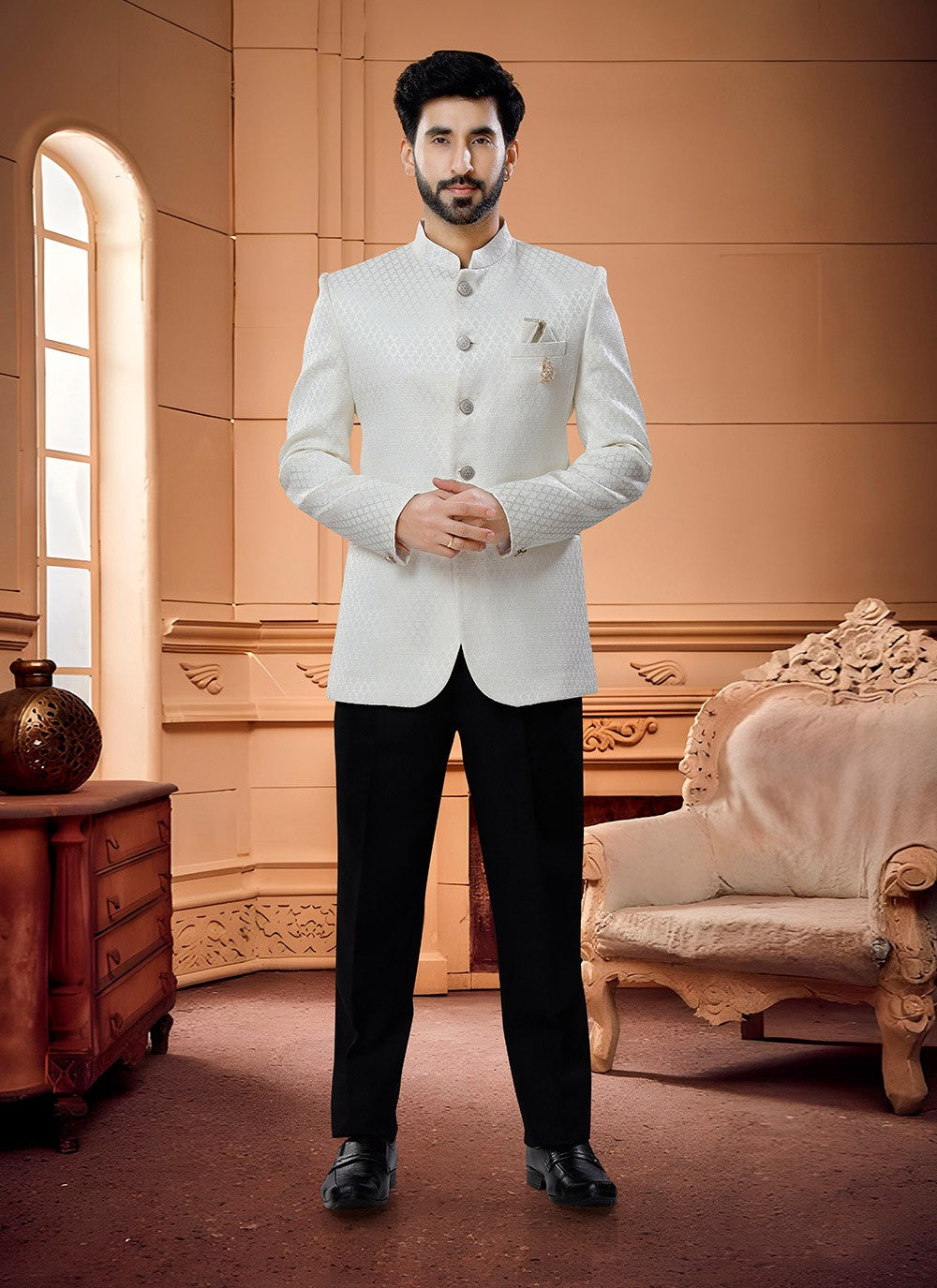 Fancy Work Jacquard Cream Jodhpuri Suit - M4344